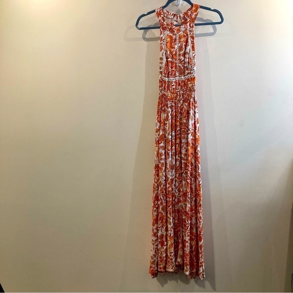 ABEL THE LABEL Sz M Perforated Lace Bow Back Flowy Full Skirt  High Neck Dress